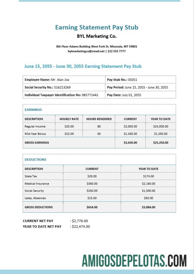 Imprimível Modelo de recibo de pagamento de extrato de ganhos